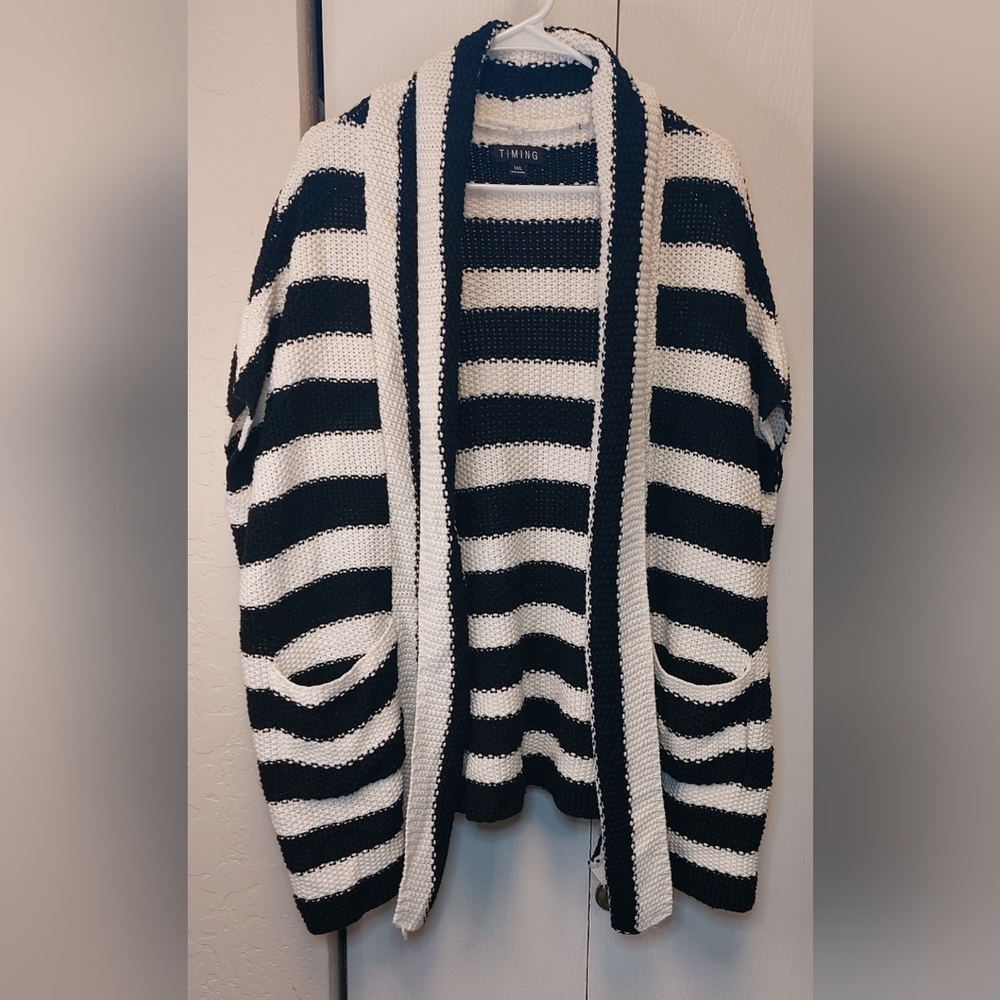 Timing Chunky Knitted Bold Stripe Open Cardigan Shirt Sleeve Size M/L Boxy Boho